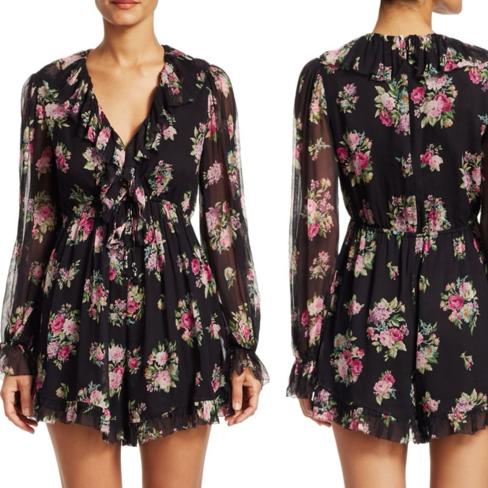 ZIMMERMANN Honour Floating Silk Floral Ruffled
Playsuit, size M
